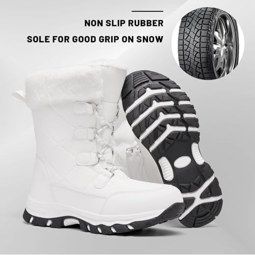 Women's Snow Boots Winter Water-Resistant Faux Fur Lined Warm Outdoor Lace Up Mid-Calf Booties Deep Tread Rubber Sole