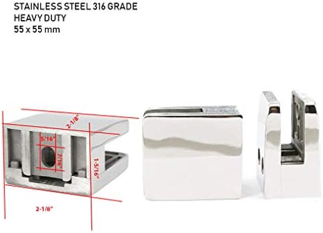 Stainless Steel 316 Square Flat Back Glass Clamp 55 x 55 mm for 3/8" - 1/2" Tempered Glass or Laminated Glass, Mirror Chrome Finish, GC-056M, 40 Pieces