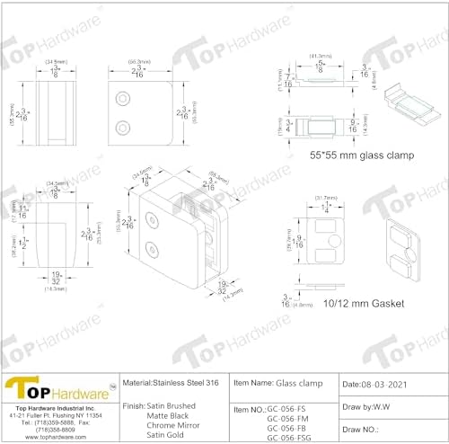 Stainless Steel 316 Square Flat Back Glass Clamp 55 x 55 mm for 3/8" - 1/2" Tempered Glass or Laminated Glass, Matt Black Finish, GC-056B, 40 Pieces