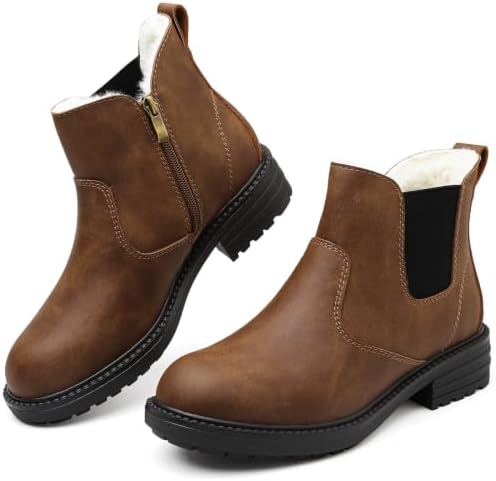 Womens Chelsea Boots Fur Lined Winter Ankle Boots Side Zip Round Toe