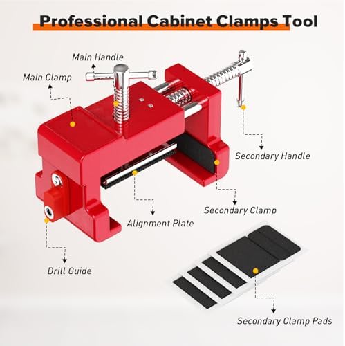 Cabinet Clamps, Cabinet Installation Cabinetry Clamps Face Frame Clamps Tools with Two Side Screws and Alignment Plate, 4 Pack, Red
