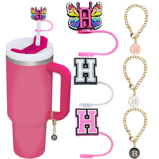 (3+3) 3PCS Straw Covers Cap for 30&40 Oz Tumbler Stanley Straw Topper Letter Straw Cover with 3PCS Letter Charm Chains Stanley Cup Accessories (Letter H)