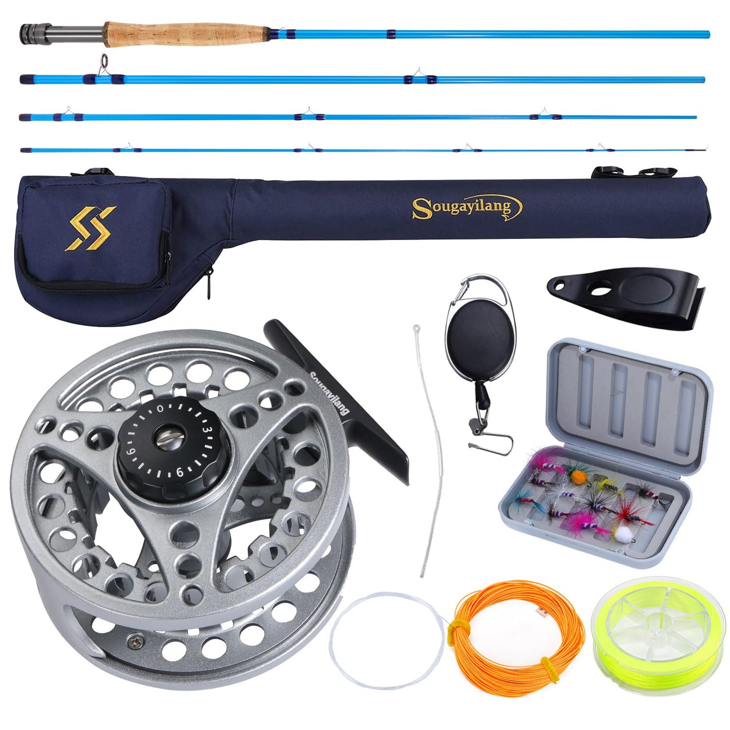 Sougayilang Fly Fishing Rod Reel Combo 4-Piece Fly Rod and Aluminum Alloy Reel Complete Starter Package with Rod Bag-Silver-#5