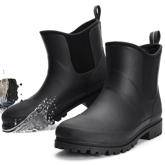 Furuian Mens Steel Toe Rain Boots Rubber Work Boots Chelsea Rain Boots Waterproof Ankle/Short Mud Boots for Men Non Slip Construction Boots Hunting Boots for Agriculture and Industrial Working