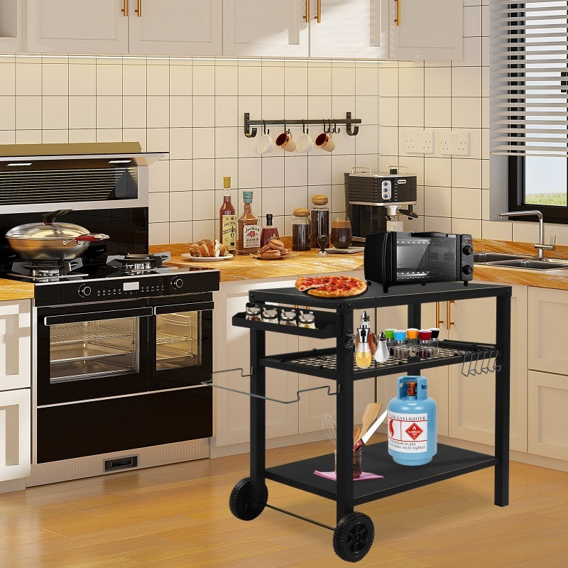All Black Iron Movable Barbecue Cart With Mesh Basket