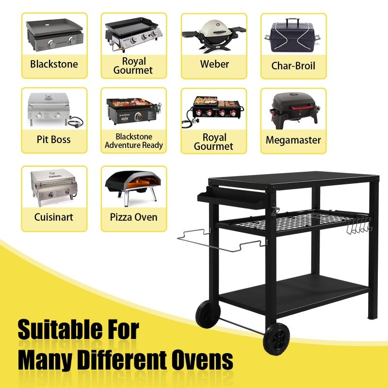 All Black Iron Movable Barbecue Cart With Mesh Basket