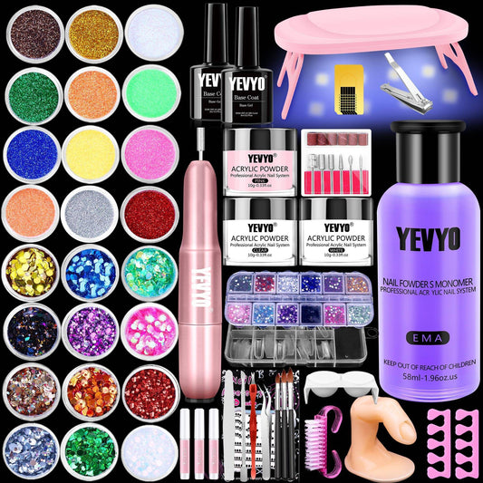 Acrylic Nail Kit With Drill And UV Light, 24 Glitter Colors Acrylic Powder