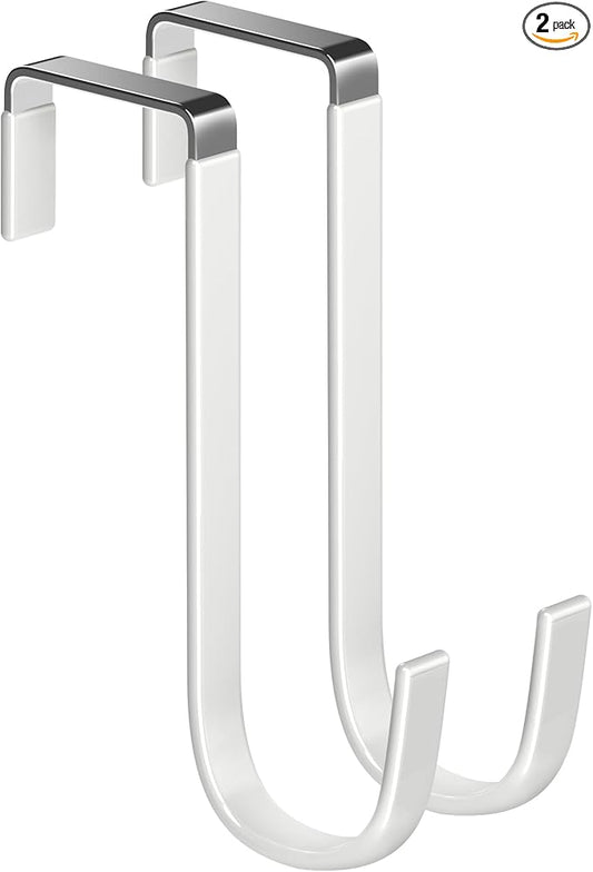 Over The Door Metal Hooks with Plastic Coating 5.5" Fit 0.5" to 1 3/8" Door 2 Pcs Heavy Duty Single Towel Robe Rack Wreath Bathroom Shower Hanger Shoe Organizer Ironing Board Short White