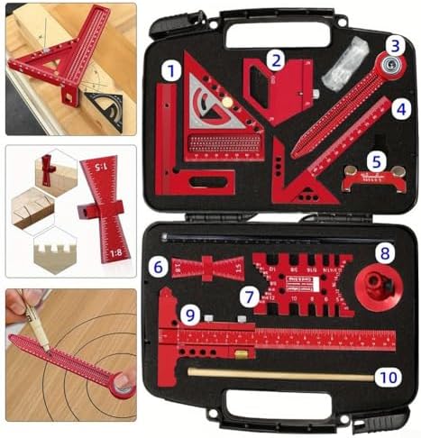 Aluminium Woodwork Measuring and Scribing Tool Set - 9 Piece Precision Kit for Carpentry and DIY Projects with Storage Box(10 Pieces.)