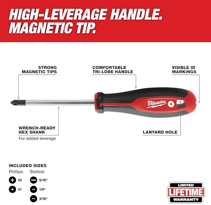 Milwaukee 48-22-2706 6Piece Phillips and Slotted Head Screwdriv Ing Set W/Magnetic Tips and Trilobe Handles