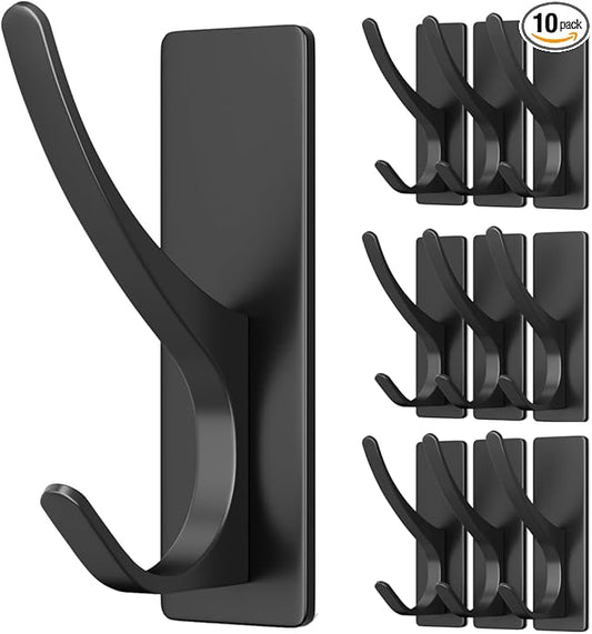 pickpiff 10 Pack Matt Black Self Adhesive Coat Hooks for Hanging: 13LB Extra Strong Stainless Wall Hook for Towel, Utensil, Backpack, Hat, Sturdy Metal Hanger for Bathroom, Kitchen, Door