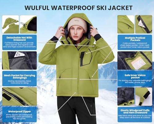 WULFUL Women's Waterproof Ski Jacket Warm Winter Coats Windproof Winter Jackets for Women Fleece Lined Windbreaker with Hood
