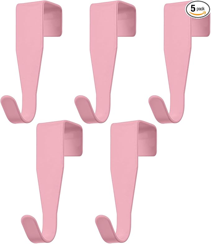5 Pcs Over Cabinet Door Hooks Sturdy Single Metal Over Door Hanger Electroplate Metal Hook Cabinet Storage Hook for Hanging Towels Clothes Bags Cubicle Bathroom Use(Pink)