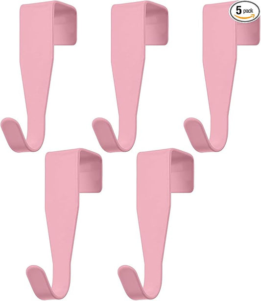 5 Pcs Over Cabinet Door Hooks Sturdy Single Metal Over Door Hanger Electroplate Metal Hook Cabinet Storage Hook for Hanging Towels Clothes Bags Cubicle Bathroom Use(Pink)