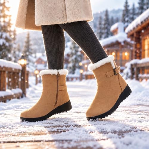 Womens Snow Boots Leather Winter Warm Boots Platform Ankle Booties