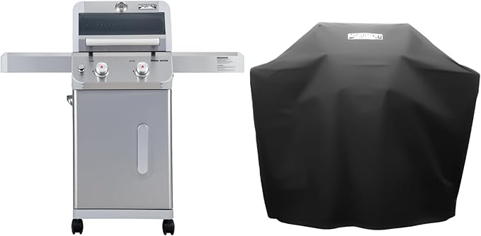 Monument Grills 2バーナー ステンレススチール製液化プロパンガスグリル、折りたたみ式サイドシェルフ2つ、Clearview®蓋、ノブコントロール、Mesa200S BBQカバー付き