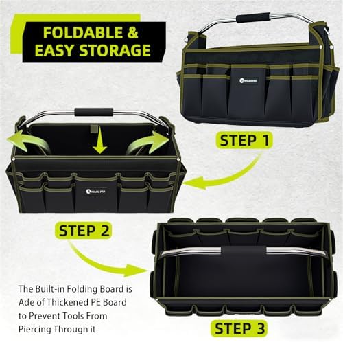 20in Foldable Open Top Tool Bags For Men Heavy Duty, Tool Carrier hard With Handle, Wide Mouth Electrician Tool Tote, Many Pockets Can Hold Many Tool, Green