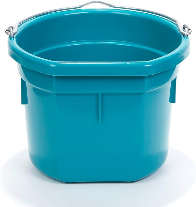 Little Giant® Flat Back Plastic Animal Feed Bucket | Animal Feed Bucket with Metal Handle | Horse Stall Feeding and Watering Supplies (Teal, 8 Quart)