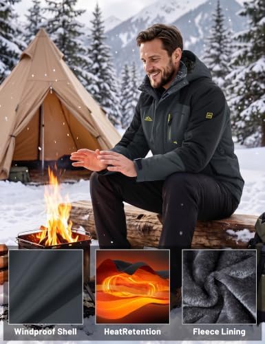 MAGCOMSEN Men's Winter Coats Water Resistant Ski Snow Jacket Warm Fleece Jacket Parka Raincoats With Hood Multi-Pockets