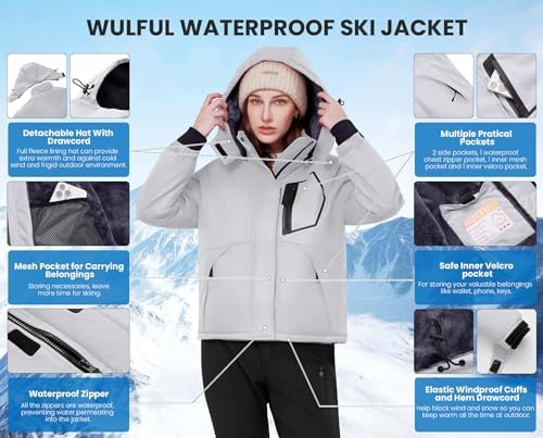 WULFUL Women's Waterproof Ski Jacket Warm Winter Coats Windproof Winter Jackets for Women Fleece Lined Windbreaker with Hood