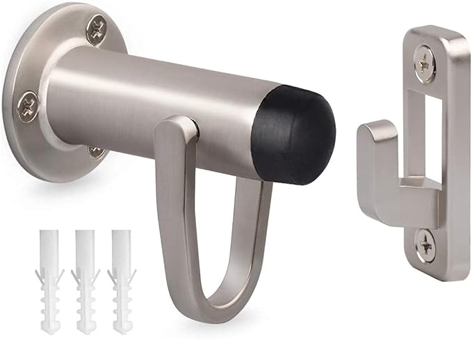 HOMOTEK Heavy Duty Latch Hook Stop Windproof,Door Holder Stopper with Sound Dampening Rubber Bumper Wall Mounted, Brushed Satin Nickel, 1 Pack