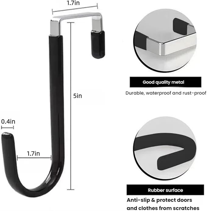 Over The Door Hooks, Door Hangers Hooks,Extra Long 5" Rustproof Organizer Hook with Soft Rubber Padding, No-Scratch Design for Towels, Robes, Coats, Bags (12 Pack Black)