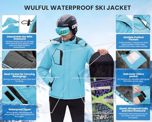WULFUL Men's Waterproof Ski Jacket Warm Winter Coats Windproof Winter Jackets for Men Fleece Lined Windbreaker with Hood