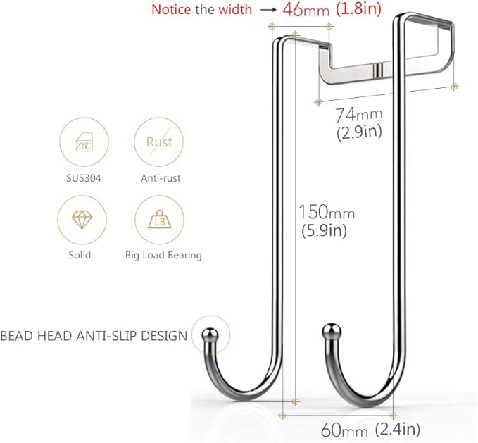 Over Door Hook Heavy Duty Hooks for Hanging - Single Hook Loads up to 50lbs for Kitchen, Bathroom, Bedroom and Office - Pack of 3