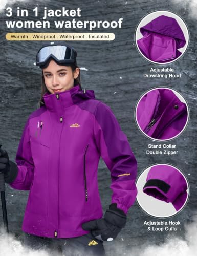 MAGCOMSEN Women's 3-in-1 Winter Coats Snow Ski Jacket Waterproof Windproof Fleece Lined Winter Jacket Parka