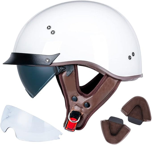 VCOROS Half Helmet Motorcycle DOT Approved Open Face Helmet F07 with Sun Visor and Quick Release Buckle for Adults Men and Women (Gloss White,XL)