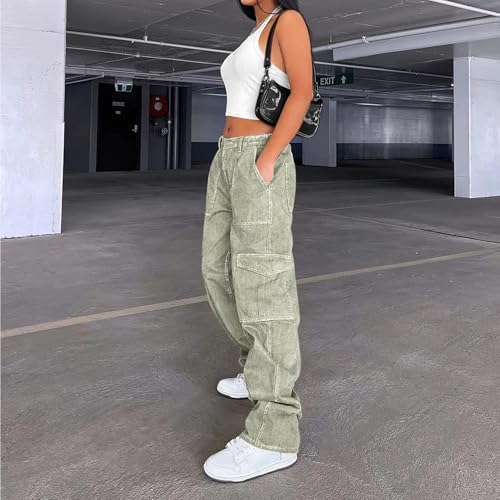 Lepunuo Cargo Pants for Women High Waisted Casual Pants Baggy Stretchy Wide Leg Y2K Streetwear with 6 Pockets
