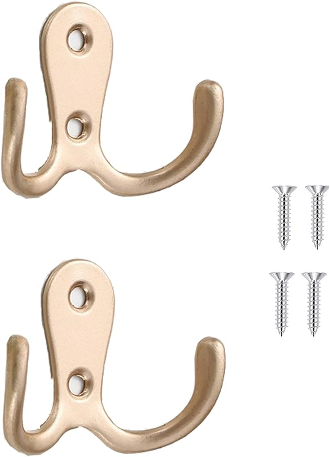 2 Pcs Double Prong Robe Hooks, Dual Coat Hooks Wall Mounted Hanging Clothes for Bathroom Bedroom Door Wall Retro Metal Cloth Hanger Double Coat Hooks with 4 Screws (Rose Gold)