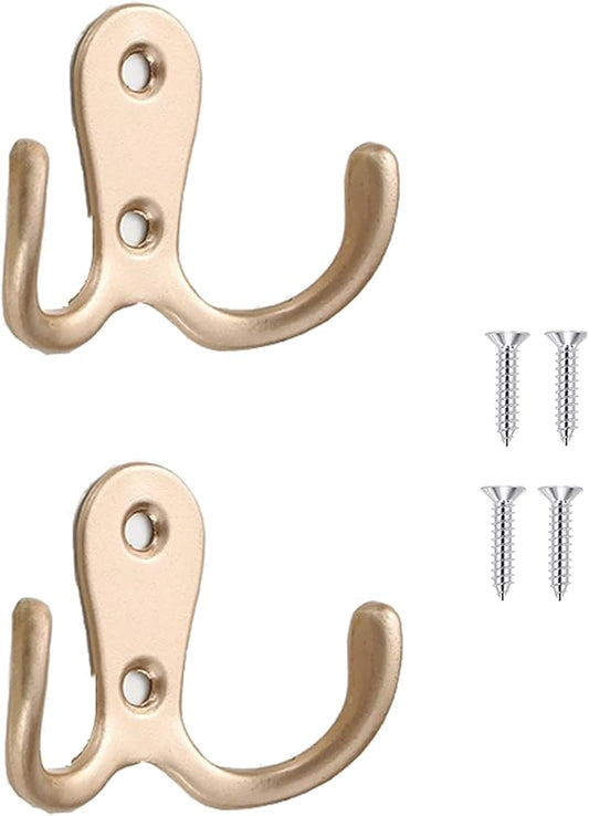 2 Pcs Double Prong Robe Hooks, Dual Coat Hooks Wall Mounted Hanging Clothes for Bathroom Bedroom Door Wall Retro Metal Cloth Hanger Double Coat Hooks with 4 Screws (Rose Gold)