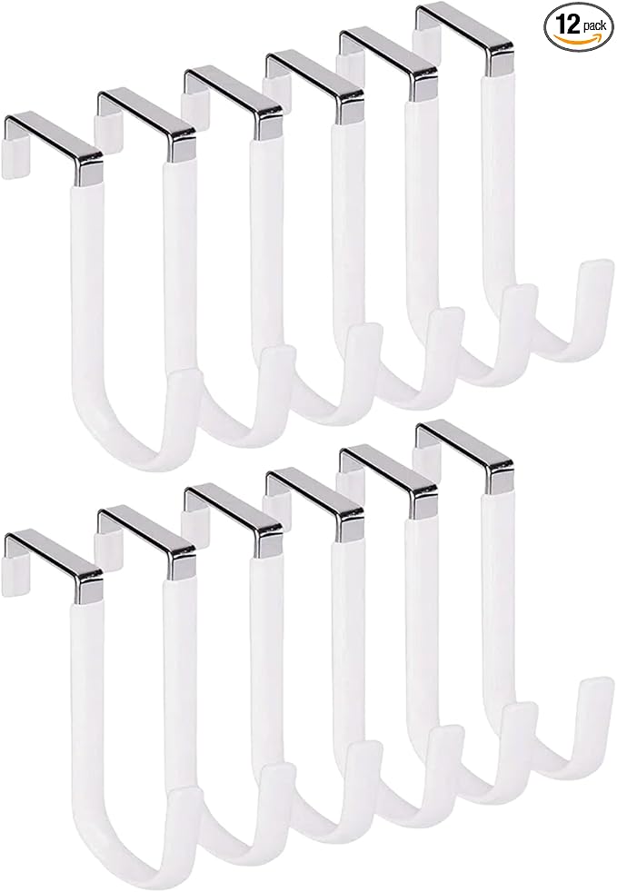 Over The Door Hooks, Door Hangers Hooks,Extra Long 5" Rustproof Organizer Hook with Soft Rubber Padding, No-Scratch Design for Towels, Robes, Coats, Bags (12 Pack White)