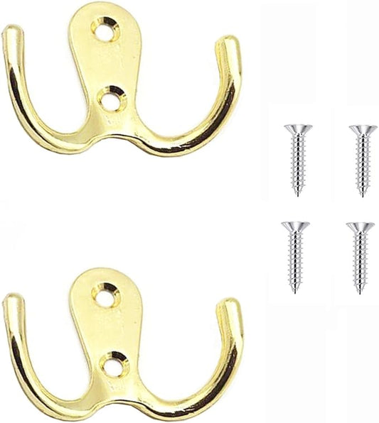 2 Pcs Double Prong Robe Hooks, Dual Coat Hooks Wall Mounted Hanging Clothes for Bathroom Bedroom Door Wall Retro Metal Cloth Hanger Double Coat Hooks with 4 Screws (Gold)