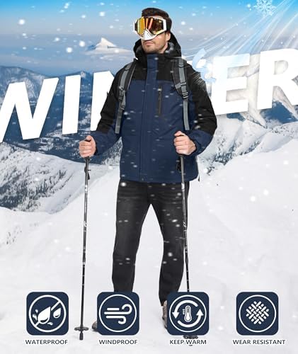 Mens Winter Jackets Waterproof Warm Fleece Ski Jacket with Hood Thermal Windproof Coat Zip Pockets