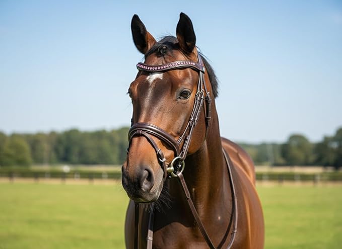 Equine Care Leather English Horse Bridle with Reins, Full Size, Choice of Browband Style, Padded Crown & Cavesson Noseband, Stainless Steel Hardware, Hunter Show Bridle.