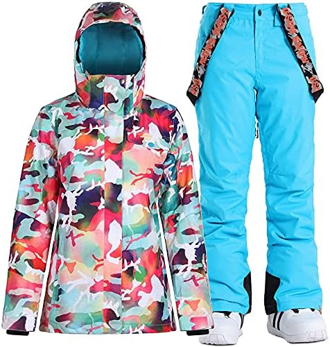 Womens Ski Jacket Pants Set Waterproof Snowboard Snow Pants Hooded
