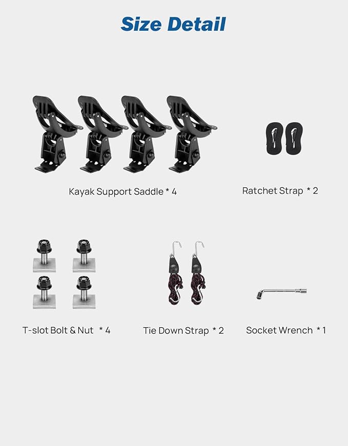 JOYTUTUS T-Slot Kayak Roof Rack Saddles, Only Fits for Auto Cross Bars with T-Track to Carrier Kayak Paddle Board Surfboard with Tie Down Straps Ratchet Strap,150LBS Load Capacity 2 Pairs