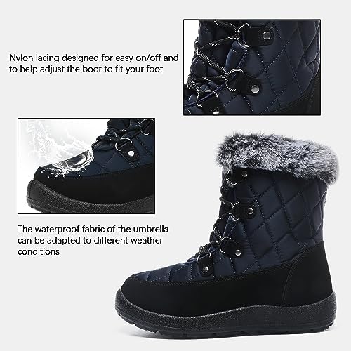 JSWEI Winter Boots for Women - Soft Comfortable Faux Fur Mid Calf Winter Snow Boots Totes Boots Lace up Snow Boots Winter Boots with Insulated Black for Outdoor