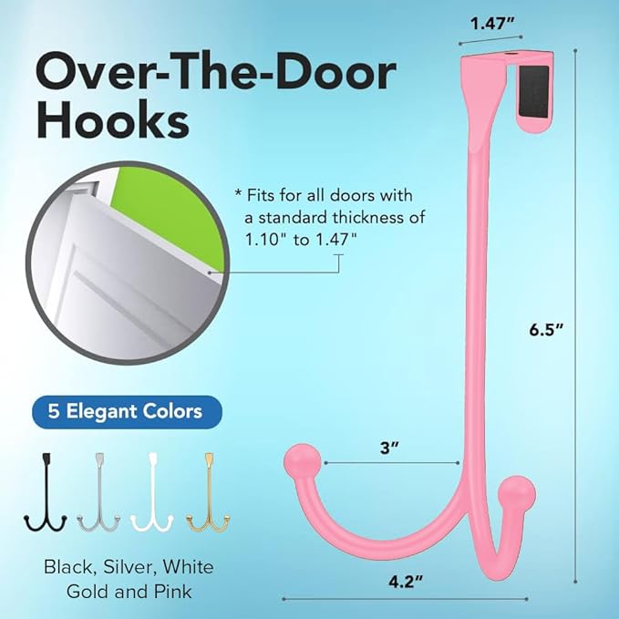2-Pack Over The Door Hooks - with 2 Hang Heads & Snug Fit Pads Heavy Duty Hook for Hanging Coats, Towels, Caps & Robes - Elegant Matt Finish - No Drill Hanger Organizer - White