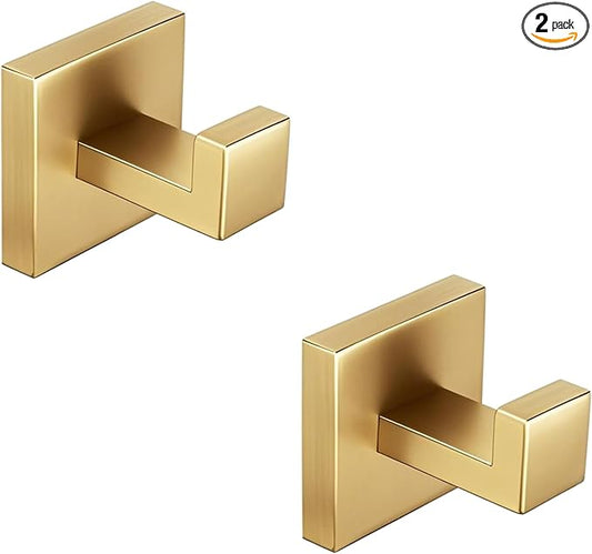 Nolimas Towel Hook Stainless Steel Bathroom Rustproof Clothes Towel Coat Hook Wall Mounted Square Toilet Kitchen, Heavy Duty Door Hanger, 2 Pack, Brushed Gold