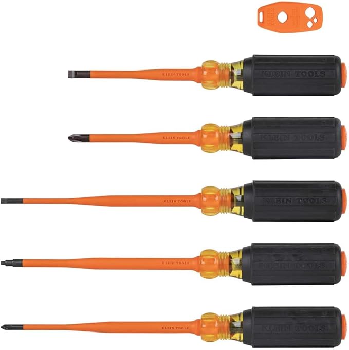 Klein Tools 33736INS Insulated Screwdriver Set, Made in USA, 1000V Slim-Tip Driver with Phillips, Cabinet and Square Bits and a Magnetizer, 6-Piece