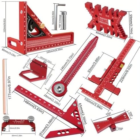 Aluminium Woodwork Measuring and Scribing Tool Set - 9 Piece Precision Kit for Carpentry and DIY Projects with Storage Box(10 Pieces.)