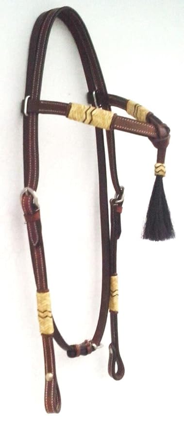 Western Horse Headstall Standard Size – Adjustable Hand Braided Genuine Leather Bridle with Brown Rawhide Knotting Futurity Knot Black Color Hair Tassels, Western Riding Tack, Dark Brown (Full Size)