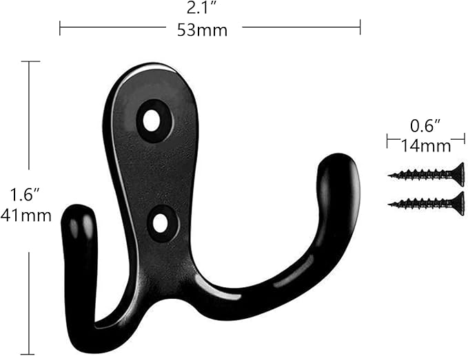 2 Pcs Double Prong Robe Hooks, Dual Coat Hooks Wall Mounted Hanging Clothes for Bathroom Bedroom Door Wall Retro Metal Cloth Hanger Double Coat Hooks with 4 Screws (Black)