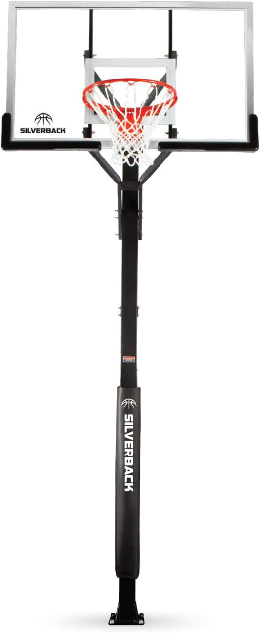 Silverback Height Adjustable In-Ground Basketball Hoop with Tempered Glass Backboard, Pro-Style Breakaway Rim & Backboard Pad