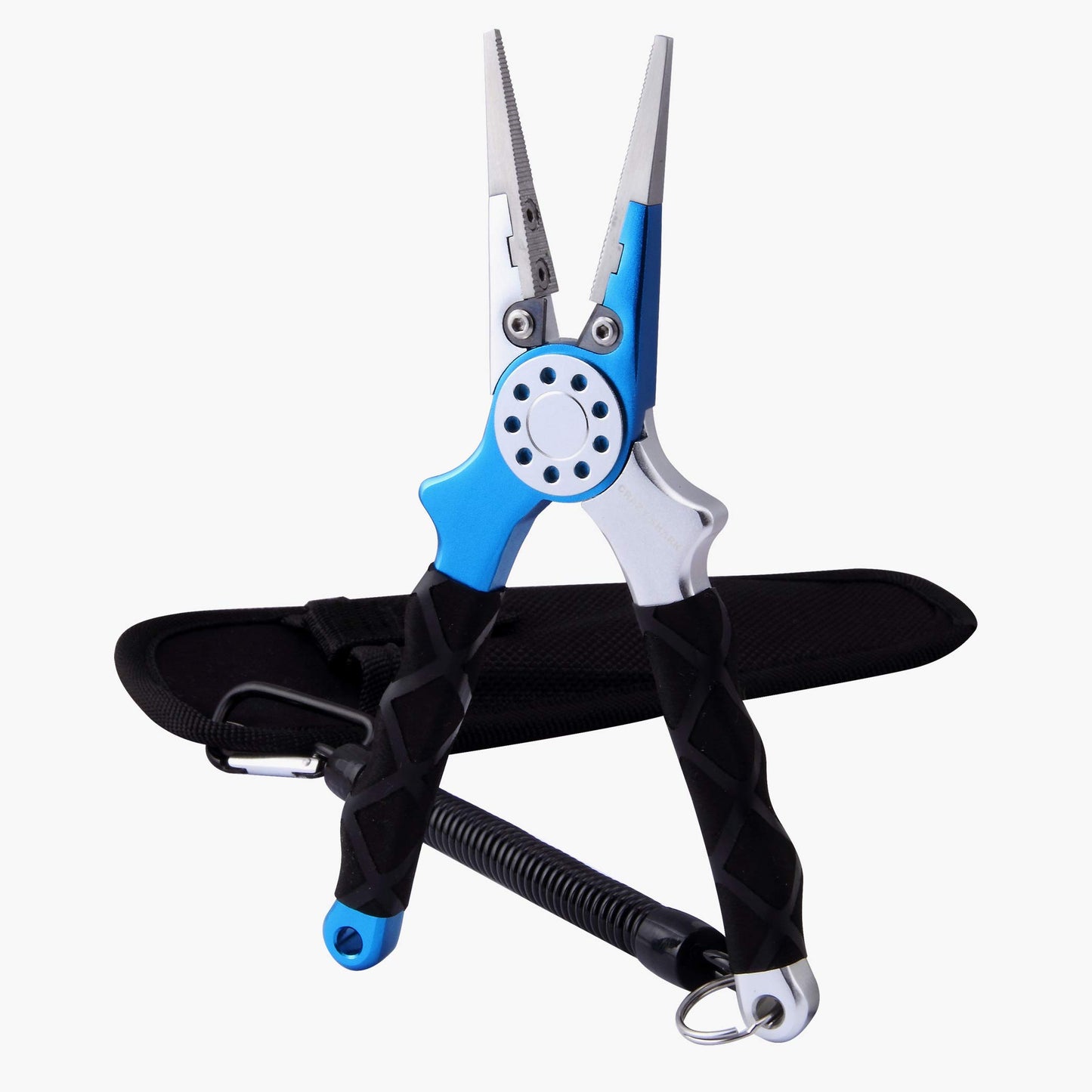 CRAZY SHARK Professional Saltwater/Fresh Water Aluminum Fishing Pliers Tungsten Carbide Cutters Hook Remover with Sheath and Lanyard (Blue.T)