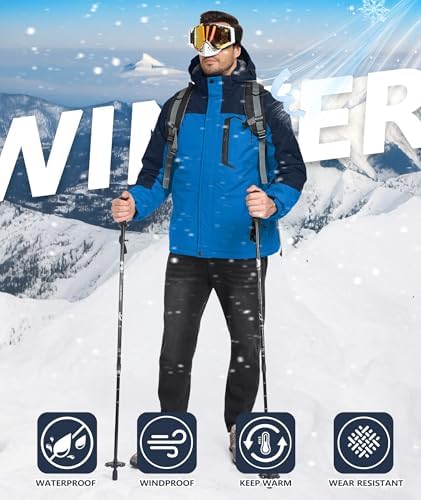 Mens Winter Jackets Waterproof Warm Fleece Ski Jacket with Hood Thermal Windproof Coat Zip Pockets