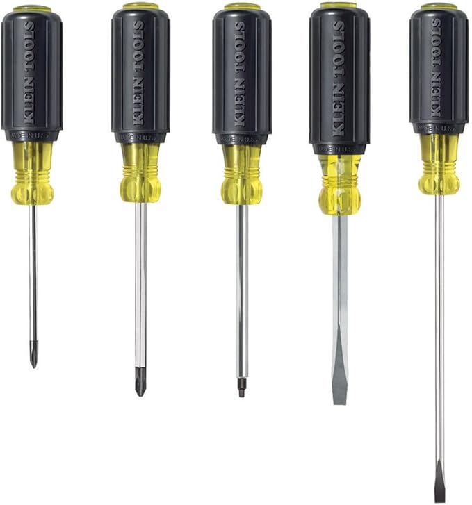 Klein Tools 80031 ドライバーセット、米国製、5点セット (マイナス2本、プラス2本、四角1本)、クッション性グリップで快適